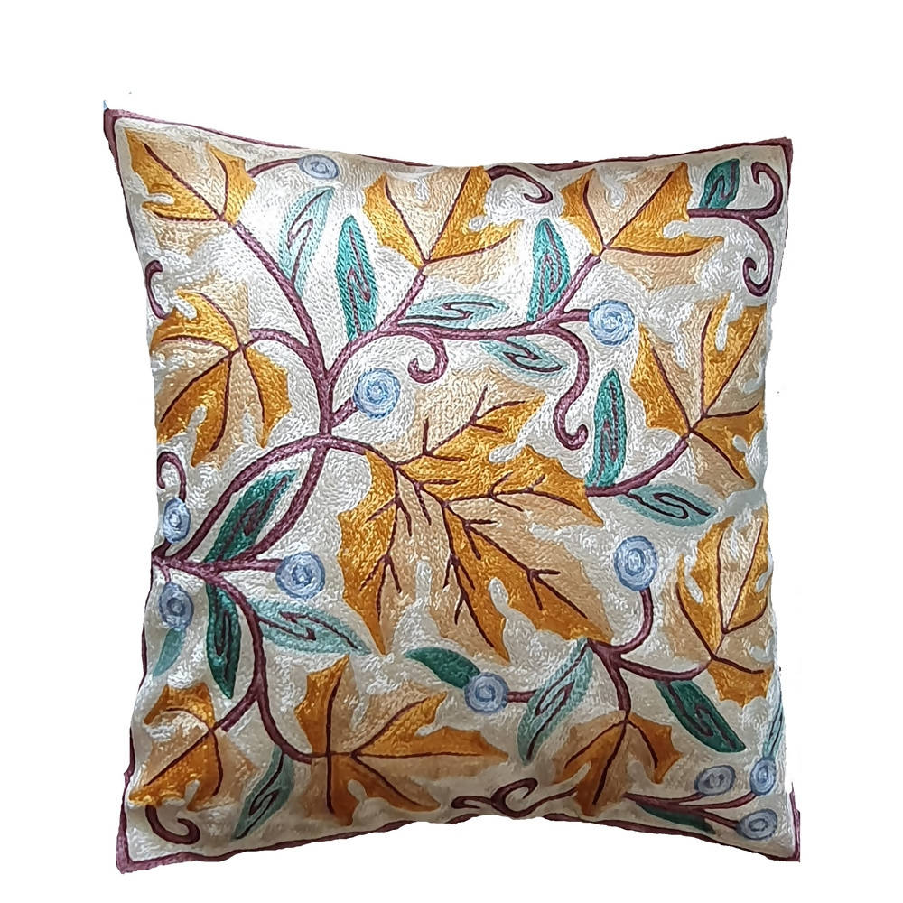 The Decor Nook Hand Embroidered Crewel Cushion Covers in Mustard & Chinar Leaf Motif with Off White Base