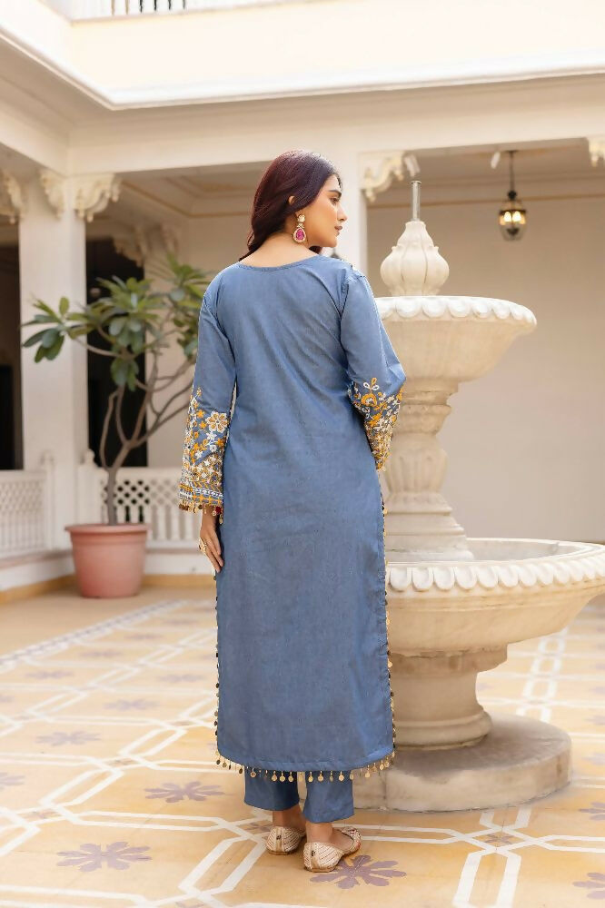 Teeya Creation Blue Color Cotton Denim Party Wear Real Mirror Work kurti - Distacart