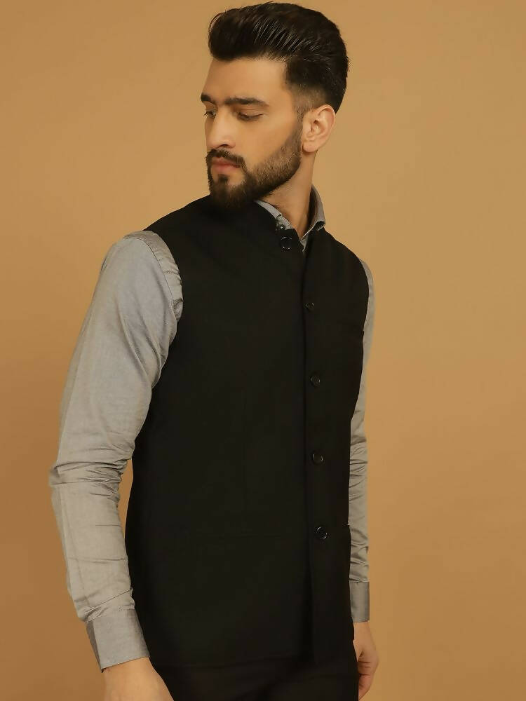 Even Apparels Nehru Jacket With Welt Pockets - Black