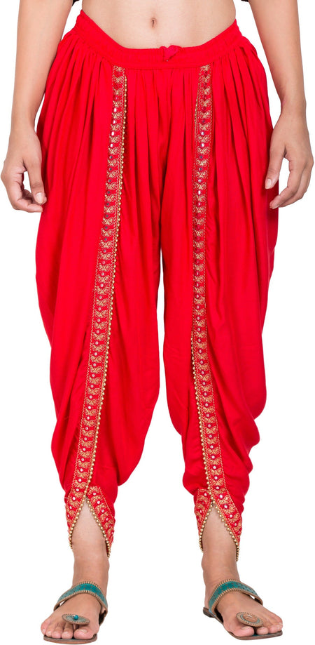 PAVONINE Red Color Embellished Beetel Rayon Fabric Patiala For Women & Girls