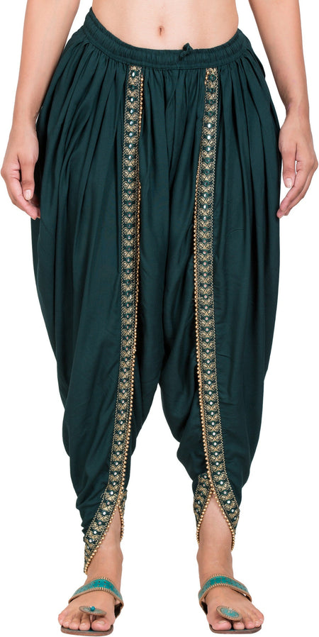 PAVONINE Bottle Green Color Embellished Beetel Rayon Fabric Patiala For Women & Girls