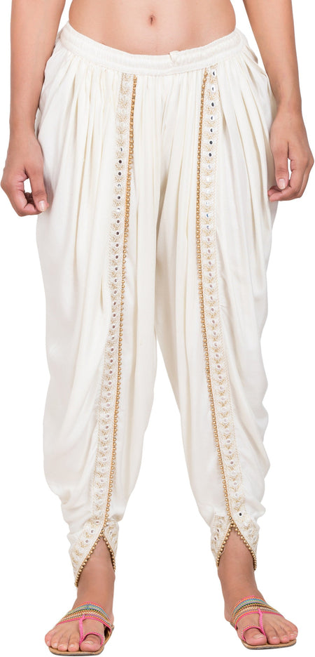PAVONINE Off-White Color Embellished Beetel Rayon Fabric Patiala For Women & Girls