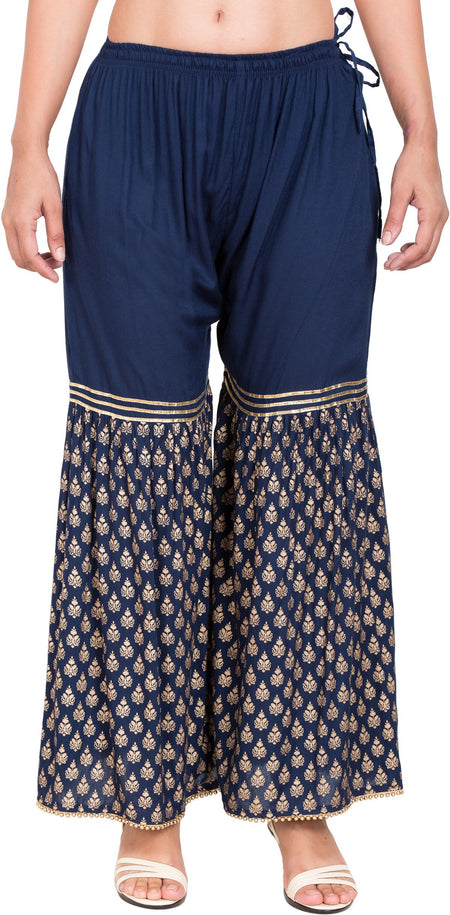 PAVONINE Navy Blue Color 3-Panels Sequence Printed Flared Sharara For Women & Girls