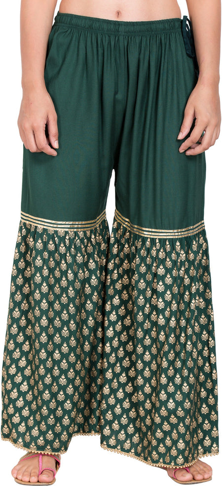 PAVONINE Bottle Green Color 3-Panels Sequence Printed Flared Sharara For Women & Girls