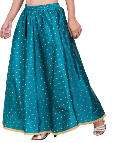 PAVONINE Firozi Color Golden Zari Work Satan Fabric Maxi Skirt For Women