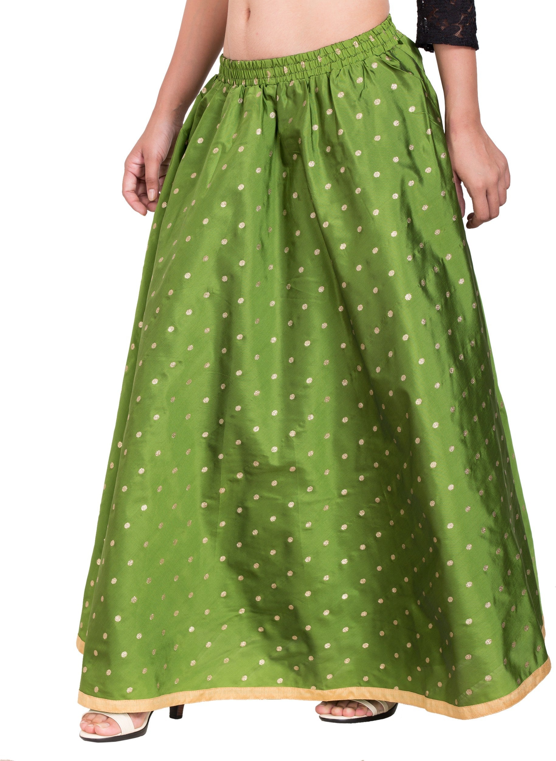 PAVONINE Green Color Golden Zari Work Satan Fabric Maxi Skirt For Women - Distacart
