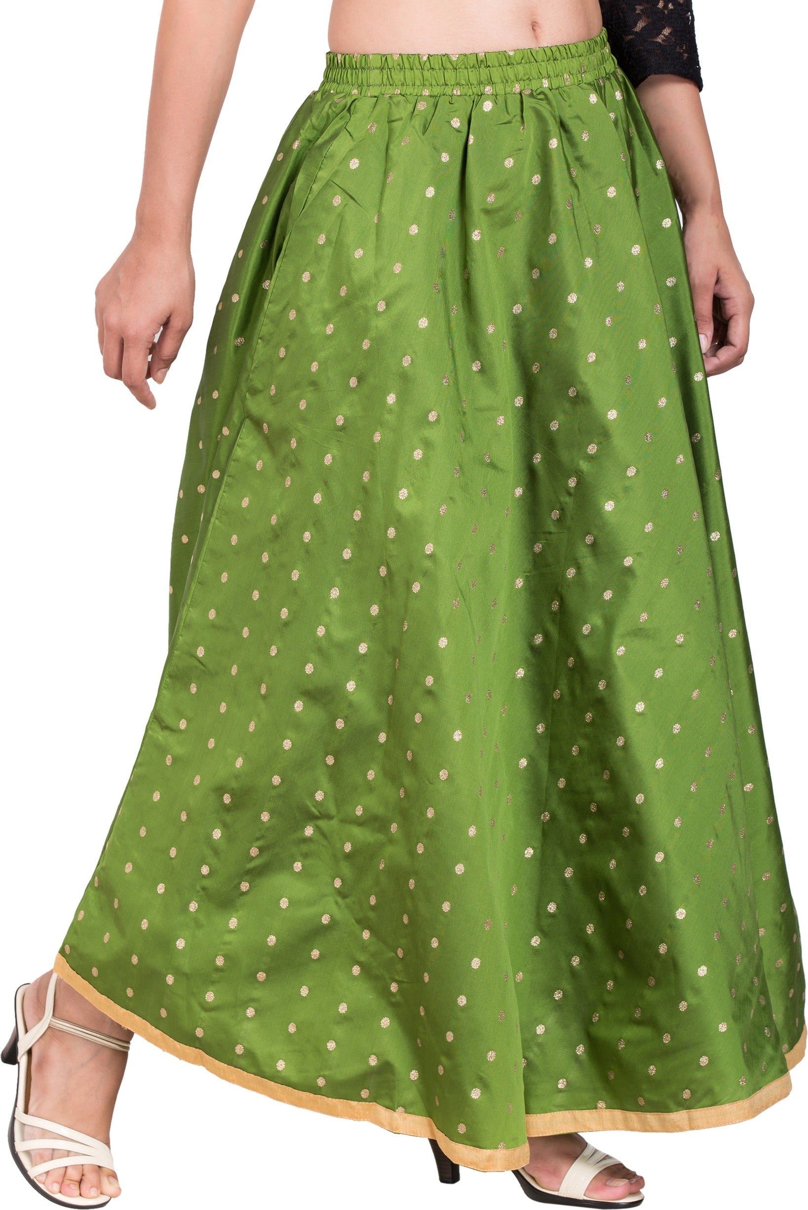 PAVONINE Green Color Golden Zari Work Satan Fabric Maxi Skirt For Women - Distacart