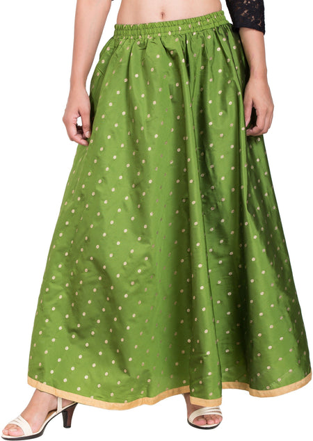 PAVONINE Green Color Golden Zari Work Satan Fabric Maxi Skirt For Women