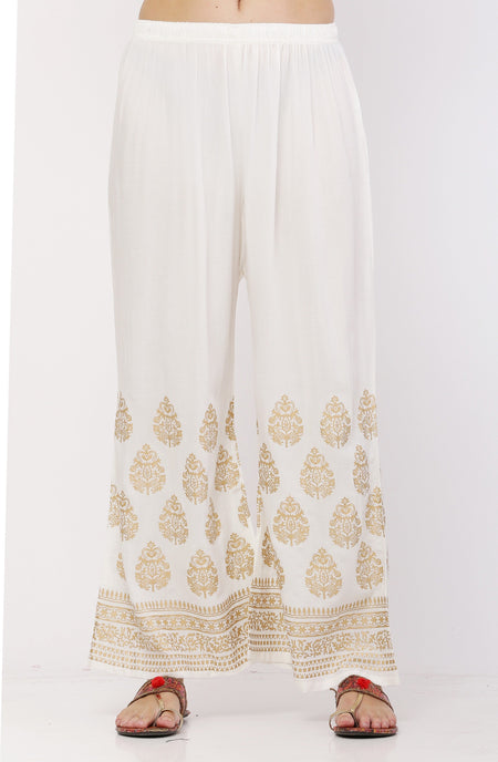 PAVONINE White Color Golden Printed Rayon Fabric Sharara For Women & Girls