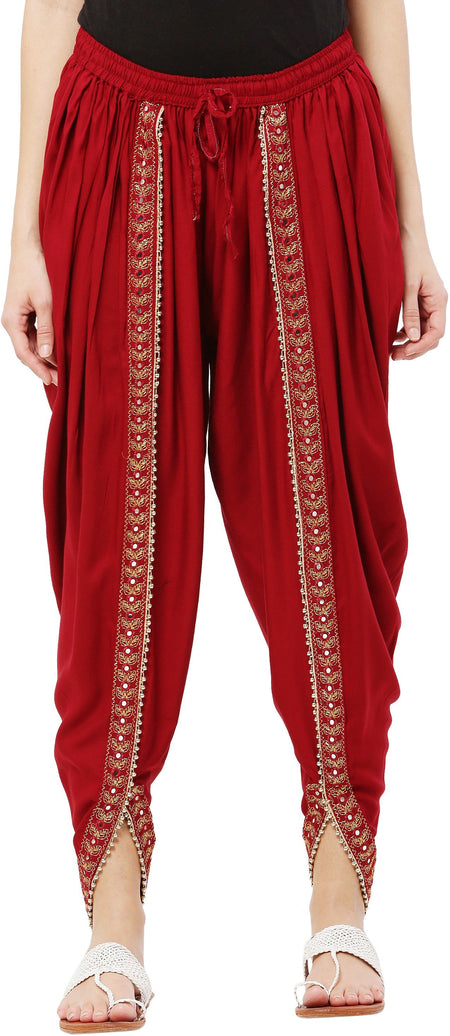 PAVONINE Maroon Color Embellished Beetel Rayon Fabric Patiala For Women & Girls