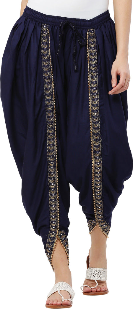 PAVONINE Navy Blue Color Embellished Beetel Rayon Fabric Patiala For Women & Girls