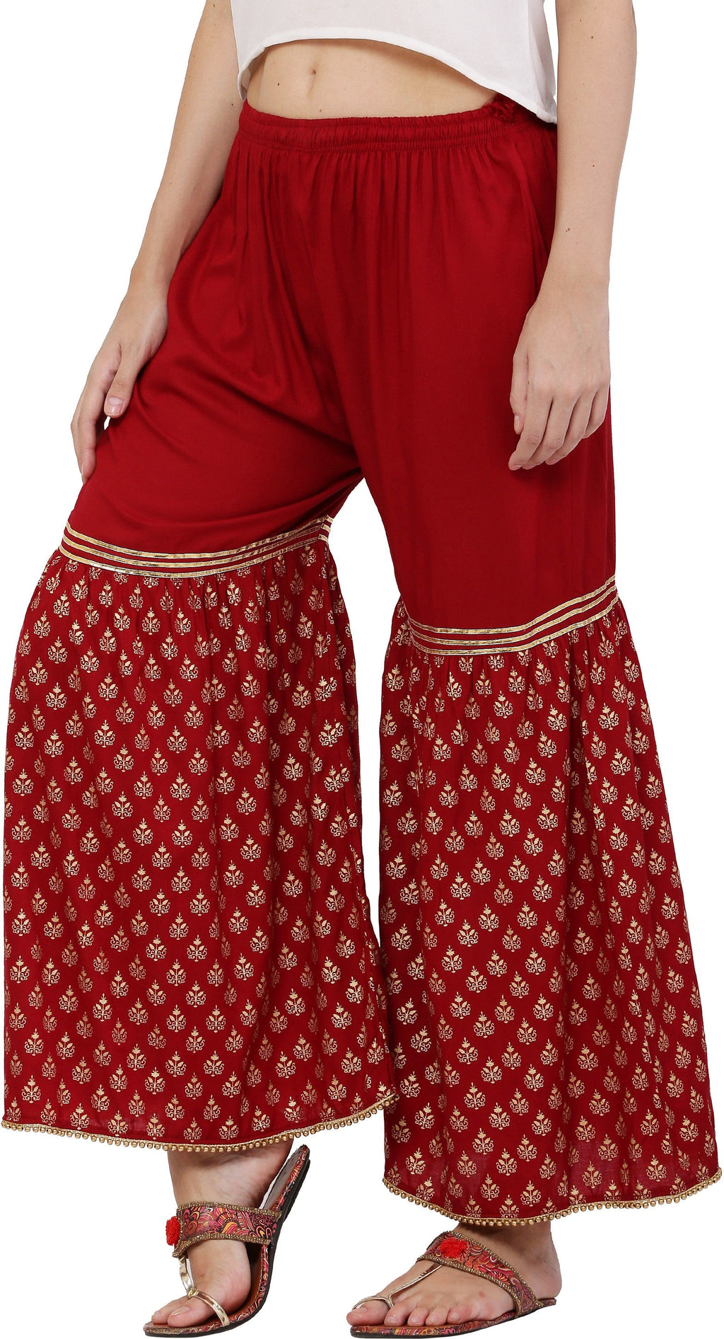 PAVONINE Maroon Color 3-Panels Sequence Printed Flared Sharara For Women & Girls - Distacart
