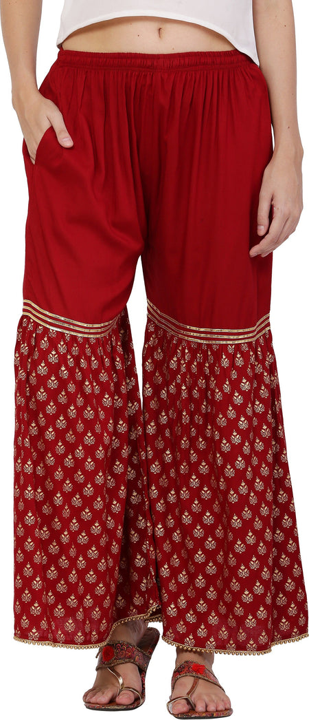 PAVONINE Maroon Color 3-Panels Sequence Printed Flared Sharara For Women & Girls