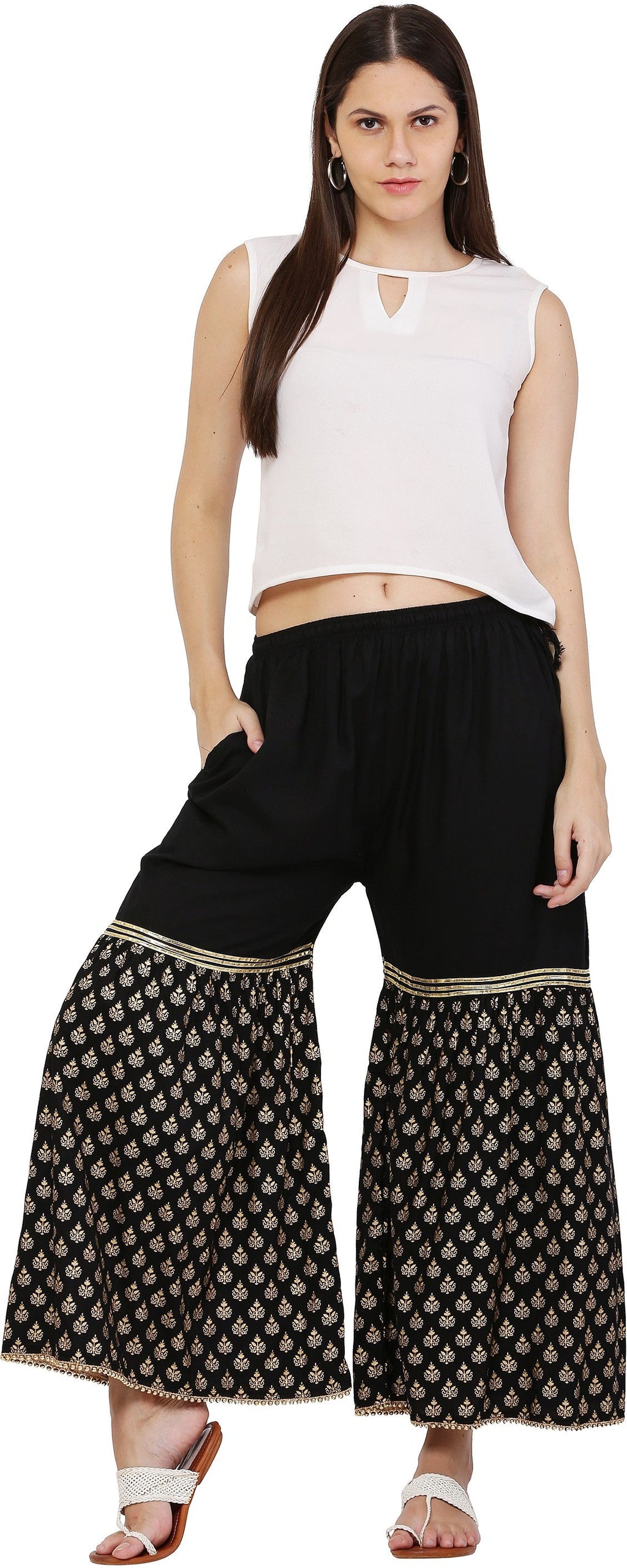 PAVONINE Black Color 3-Panels Sequence Printed Flared Sharara For Women & Girls - Distacart