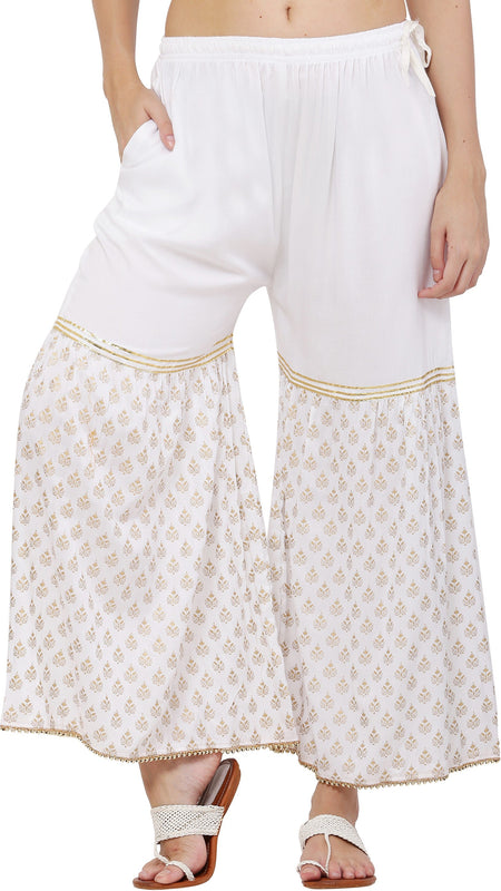 PAVONINE White Color 3-Panels Sequence Printed Flared Sharara For Women & Girls