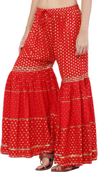 PAVONINE Red Color 3-Panels Golden Printed Flared Sharara For Women & Girls - Distacart