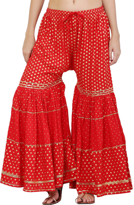 PAVONINE Red Color 3-Panels Golden Printed Flared Sharara For Women & Girls