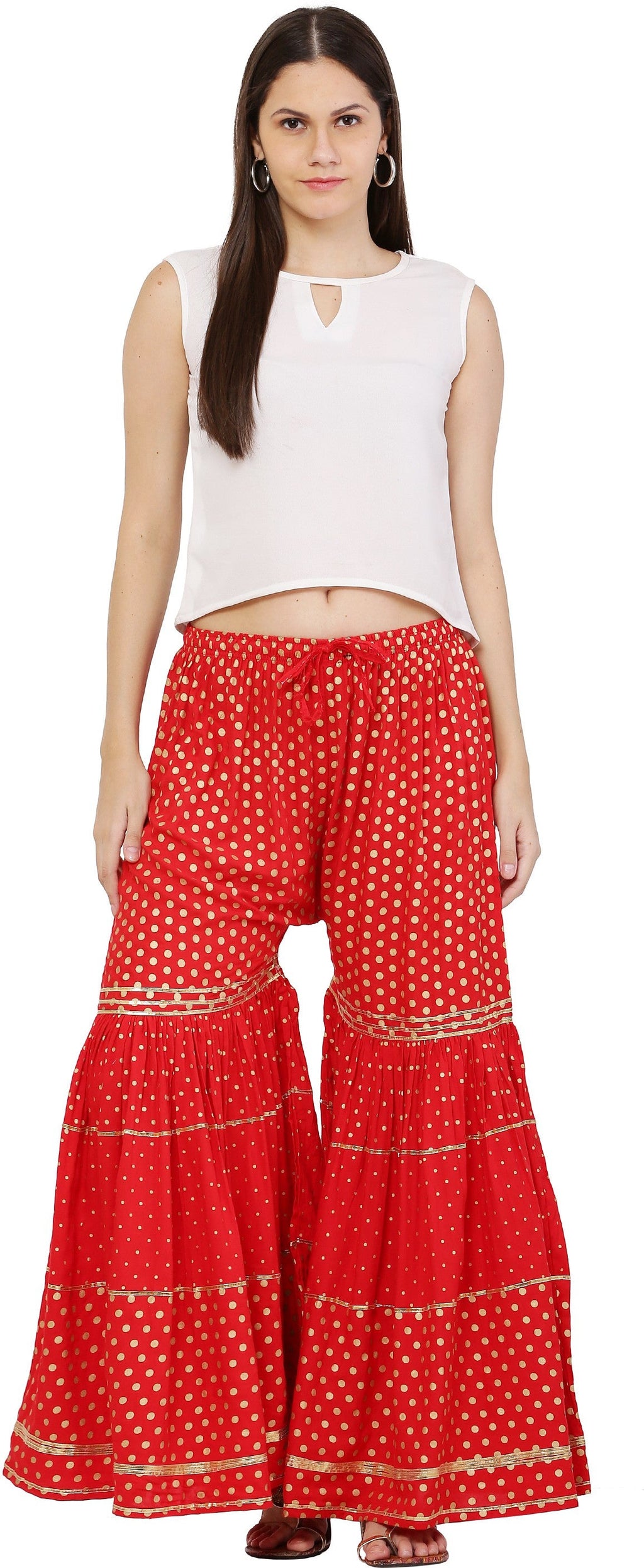 PAVONINE Red Color 3-Panels Golden Printed Flared Sharara For Women & Girls - Distacart