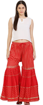 PAVONINE Red Color 3-Panels Golden Printed Flared Sharara For Women & Girls - Distacart
