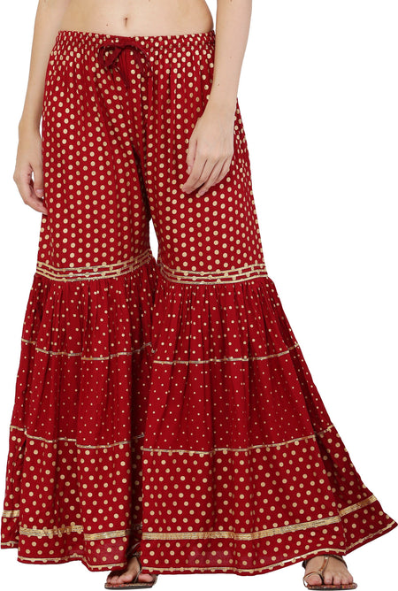 PAVONINE Maroon Color 3-Panels Golden Printed Flared Sharara For Women & Girls