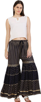 PAVONINE Black Color 3-Panels Golden Printed Flared Sharara For Women & Girls - Distacart