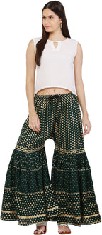 PAVONINE Bottle Green Color 3-Panels Golden Printed Flared Sharara For Women & Girls - Distacart