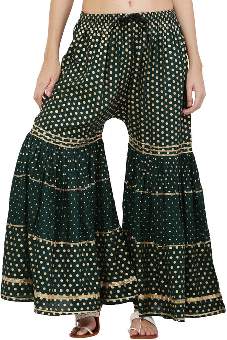 PAVONINE Bottle Green Color 3-Panels Golden Printed Flared Sharara For Women & Girls