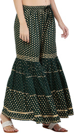PAVONINE Bottle Green Color 3-Panels Golden Printed Flared Sharara For Women & Girls - Distacart