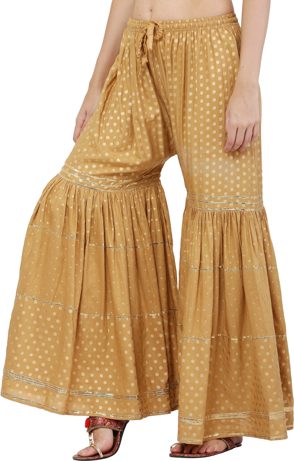 PAVONINE Beige Color 3-Panels Golden Printed Flared Sharara For Women & Girls - Distacart