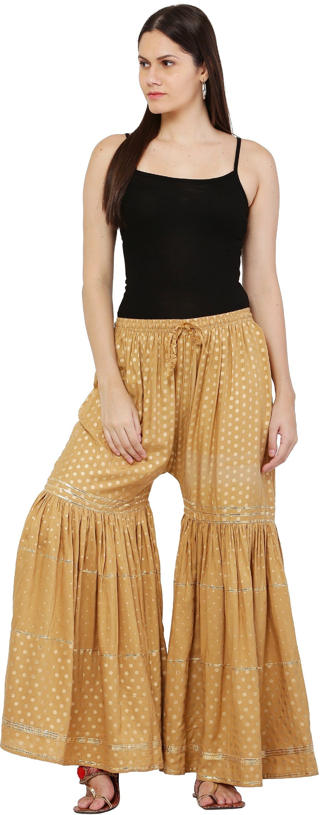 PAVONINE Beige Color 3-Panels Golden Printed Flared Sharara For Women & Girls - Distacart