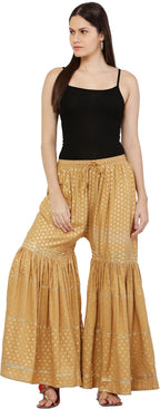 PAVONINE Beige Color 3-Panels Golden Printed Flared Sharara For Women & Girls - Distacart