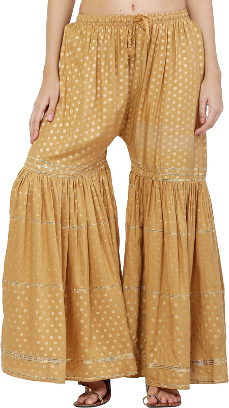 PAVONINE Beige Color 3-Panels Golden Printed Flared Sharara For Women & Girls