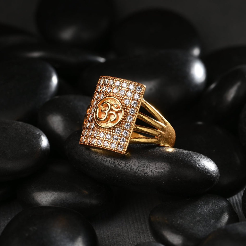 AanyaCentric Gold-Polished American Diamond Ad Ring for Boys & Man