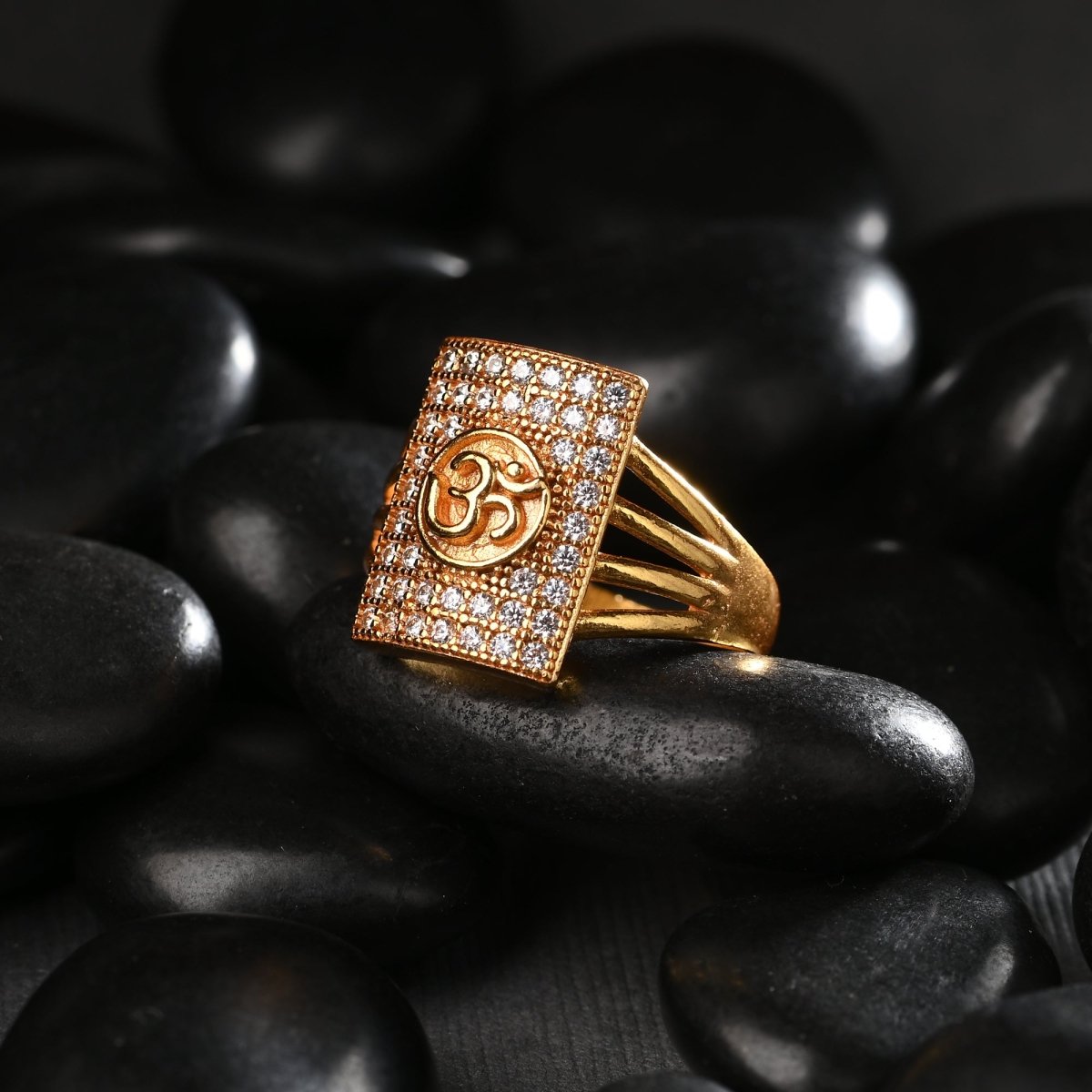 AanyaCentric Gold-Polished American Diamond Ad Ring for Boys & Man