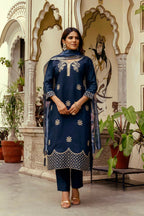 The52 Navy Blue Women's Beautiful Viscose Chanderi Fabric Thread Work Straight Kurta Pant and Dupatta Set - Distacart