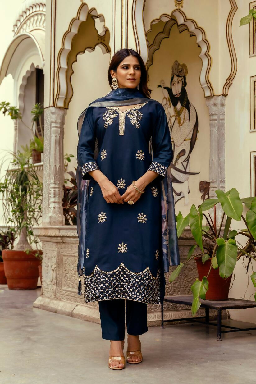 The52 Navy Blue Women's Beautiful Viscose Chanderi Fabric Thread Work Straight Kurta Pant and Dupatta Set - Distacart