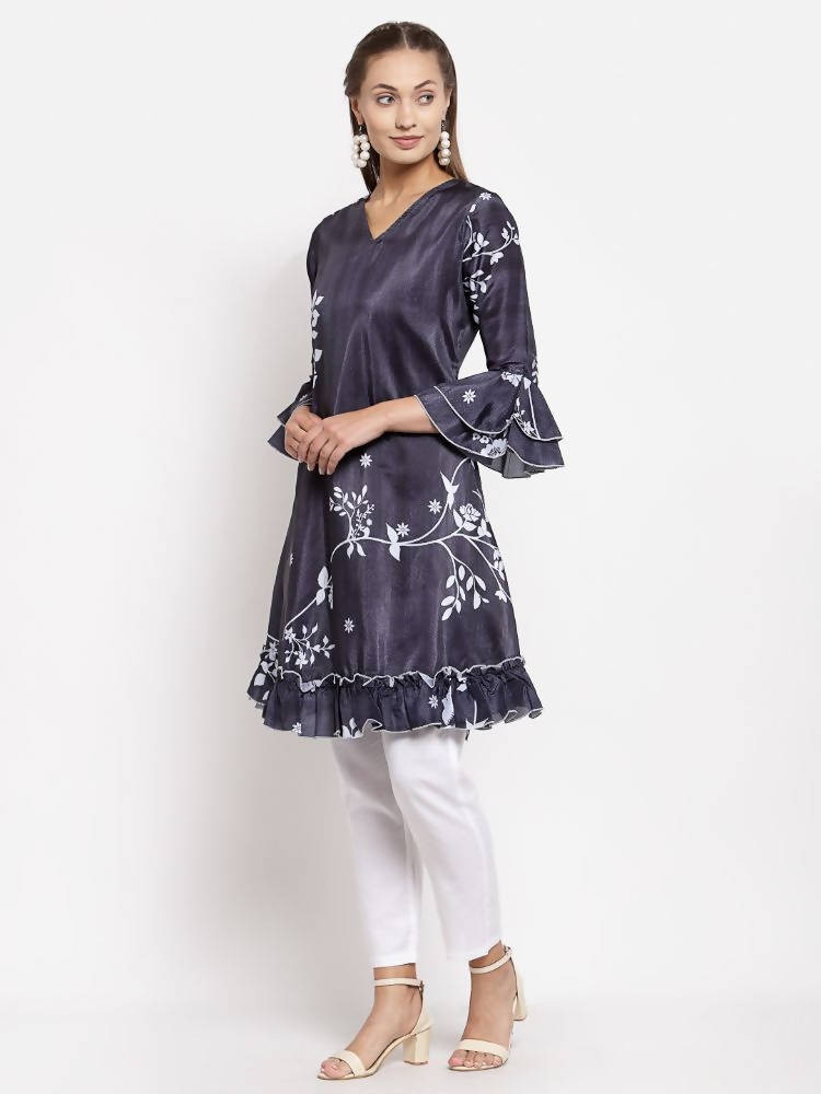 Myshka Women's Black Crep Printed Full Sleeve V Neck Casual Tunic