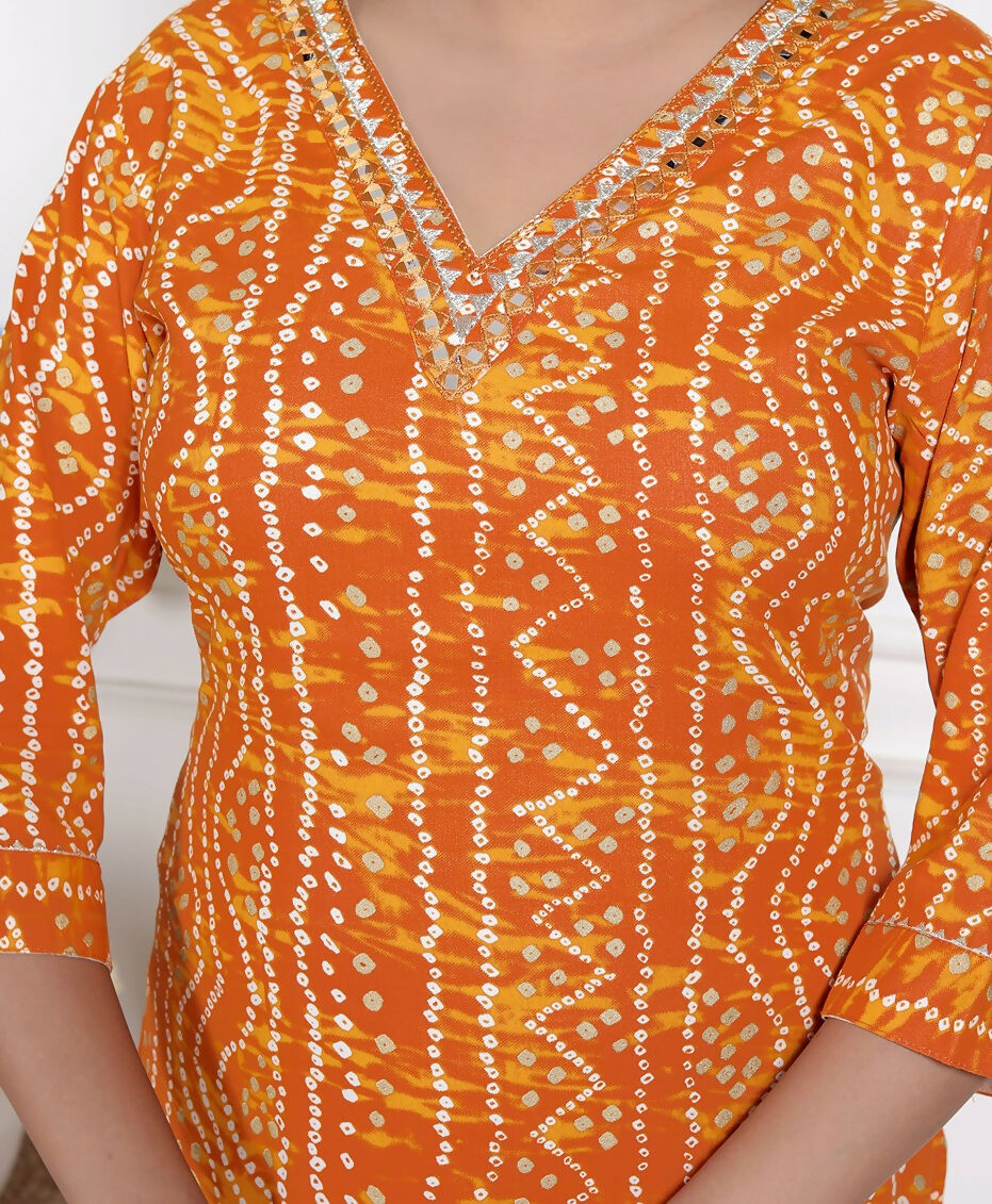 Miravan Womens Yellow Bandhani Printed Straight Kurti
