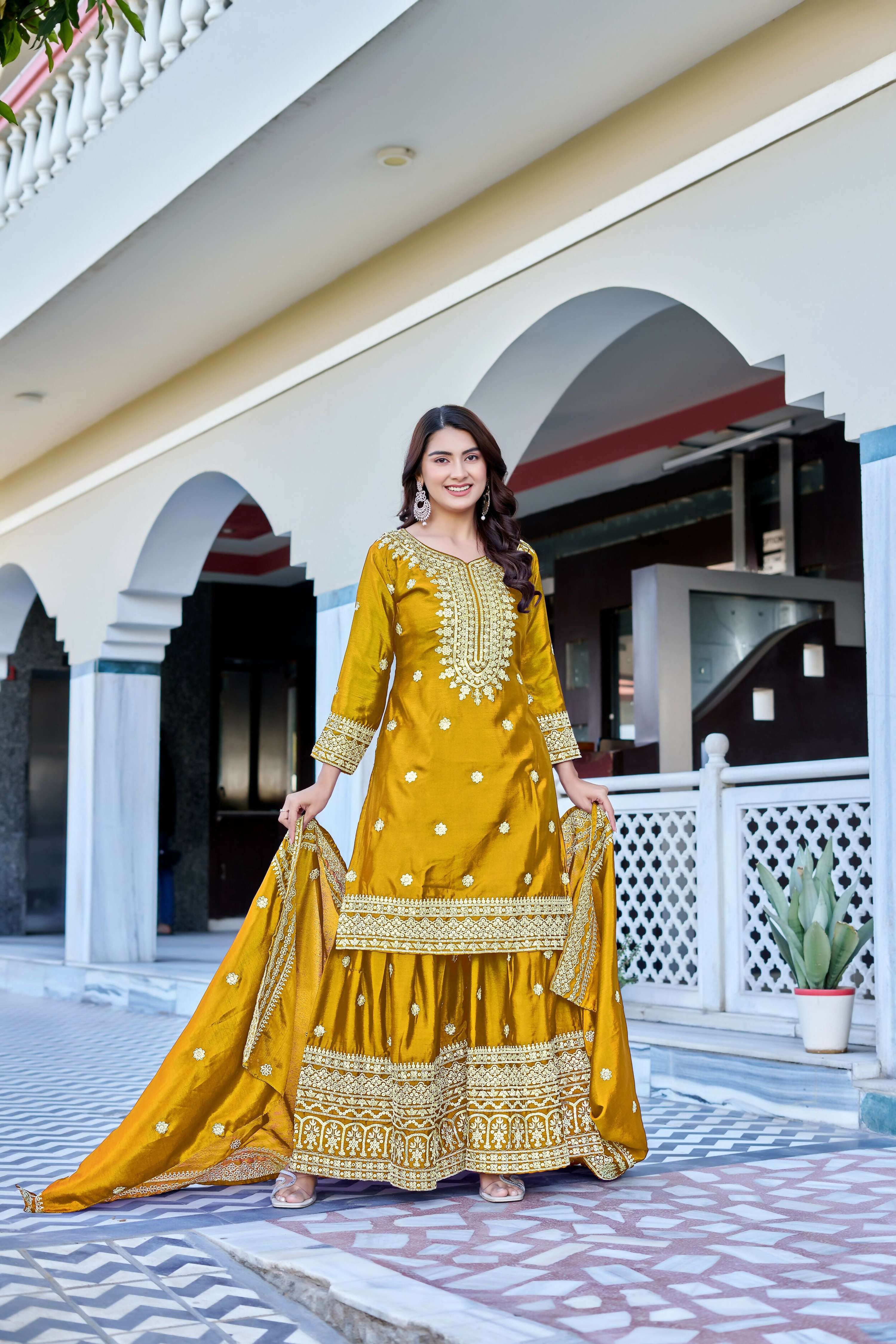 Teeya Creation Yellow Color Chinon Silk Heavy Embroidery Work Wedding Wear Sharara - Distacart