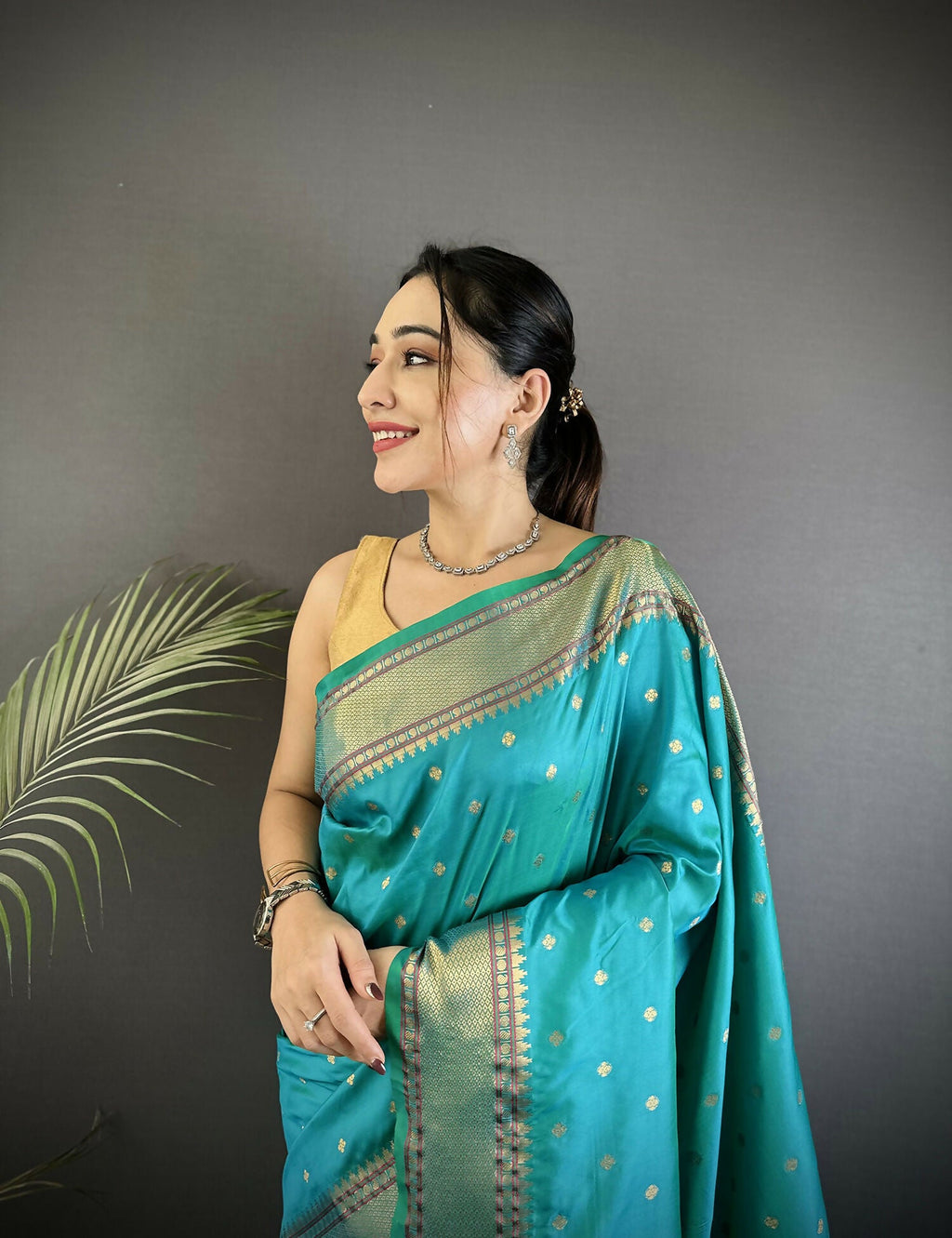 Joban Fashion Teal Butti Woven Soft Lichi Silk Paithani Saree - Distacart