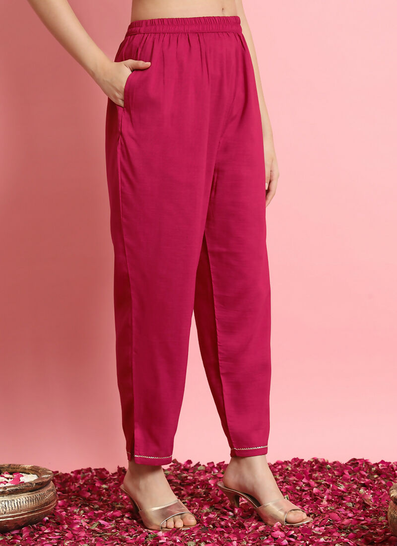 Vellora Rani Pink Embroidered Readymade Suit in Silk Blend for Daily Wear