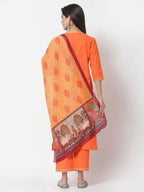 Myshka Orange Solid Cotton 3/4 Sleeve Round Neck Casual Kurta Pant Dupatta Set