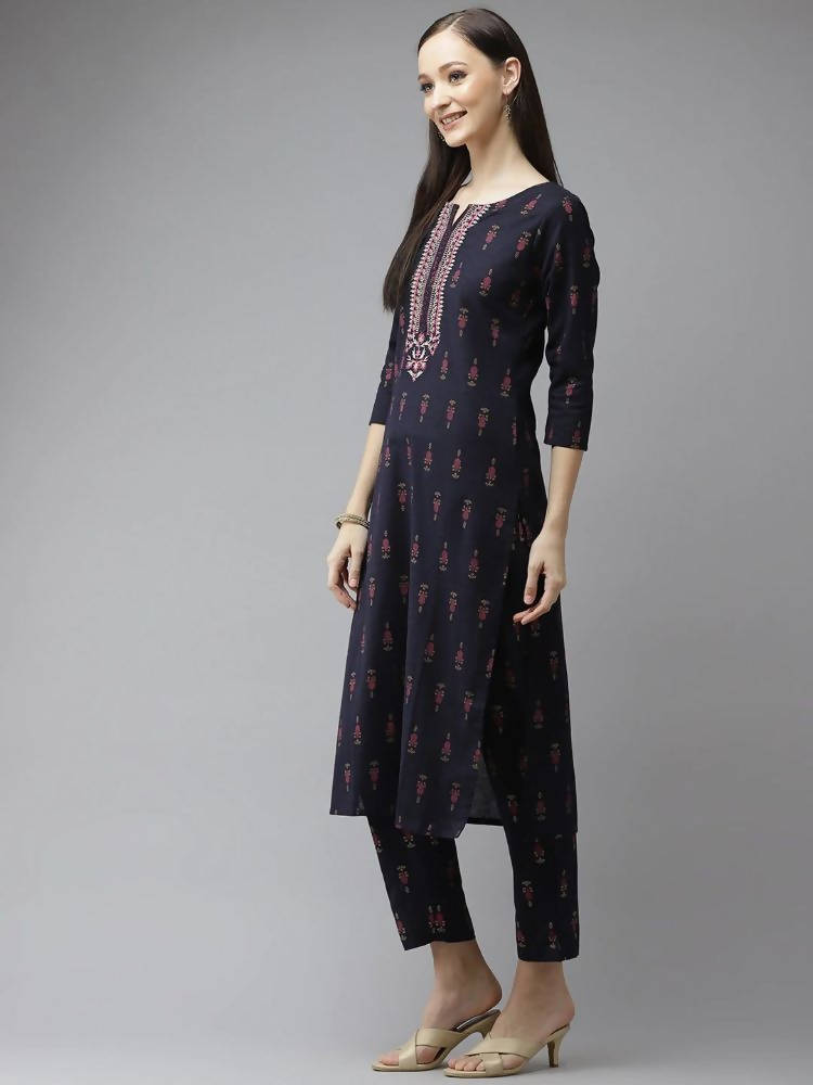 Yufta Women Navy Blue Ethnic Motifs Printed Regular Thread Work Kurta with Palazzo & With Dupatta