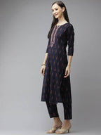 Yufta Women Navy Blue Ethnic Motifs Printed Regular Thread Work Kurta with Palazzo & With Dupatta