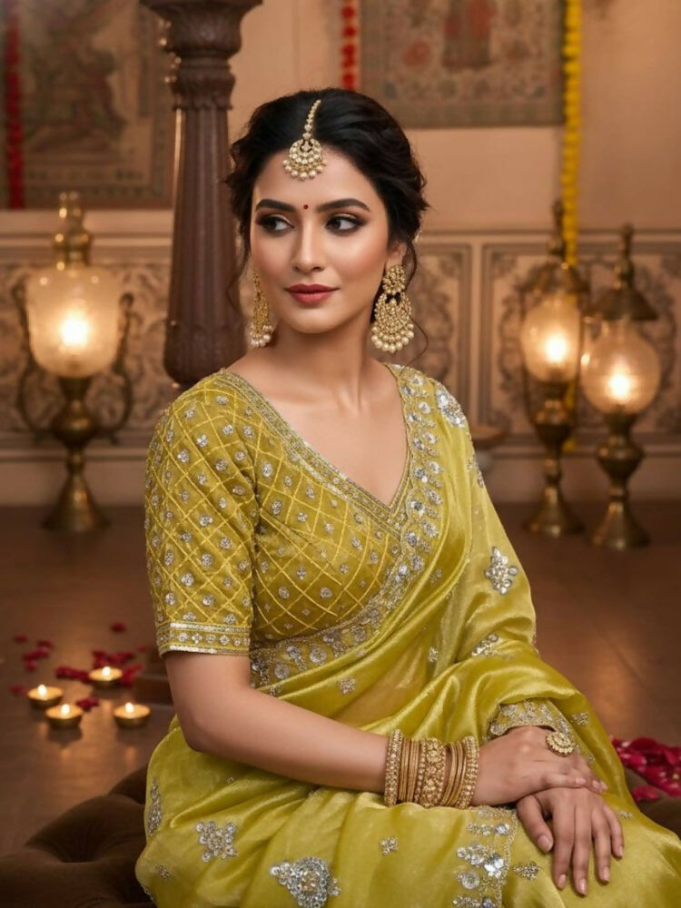 Joban Fashion Yellow Fandy Satin Silk Party Wear Sarees - Distacart
