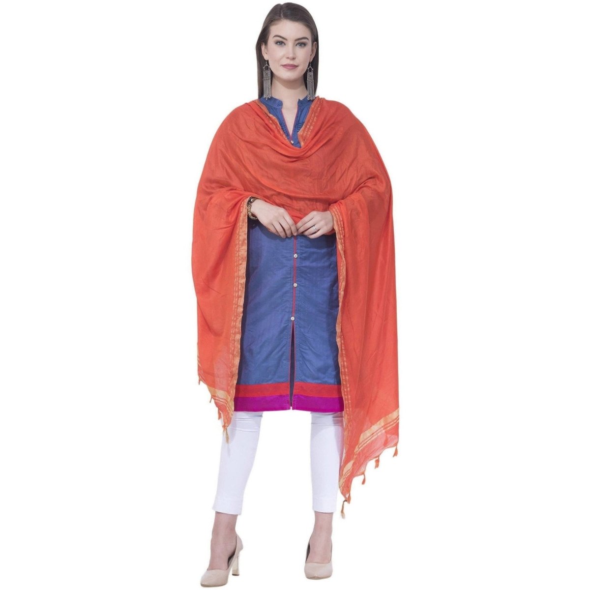 A R SILK Orange Color Golden border Cotton Dupattas & Chunnis