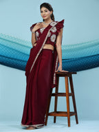 Maroon Silk Satin Sequence Work Ready to Wear Saree with stitched Blouse - Nirvana