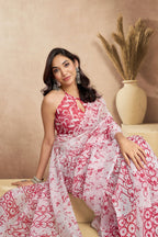 Vastranavya White Red Digital Printed Linen Ready To Wear Designer Saree with Unstitched Blouse - Distacart