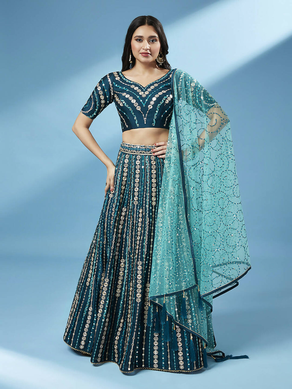 House of Panchhi Teal Pure Georgette Sequinse Work Lehenga & Blouse with Dupatta