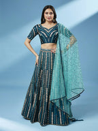 House of Panchhi Teal Pure Georgette Sequinse Work Lehenga & Blouse with Dupatta